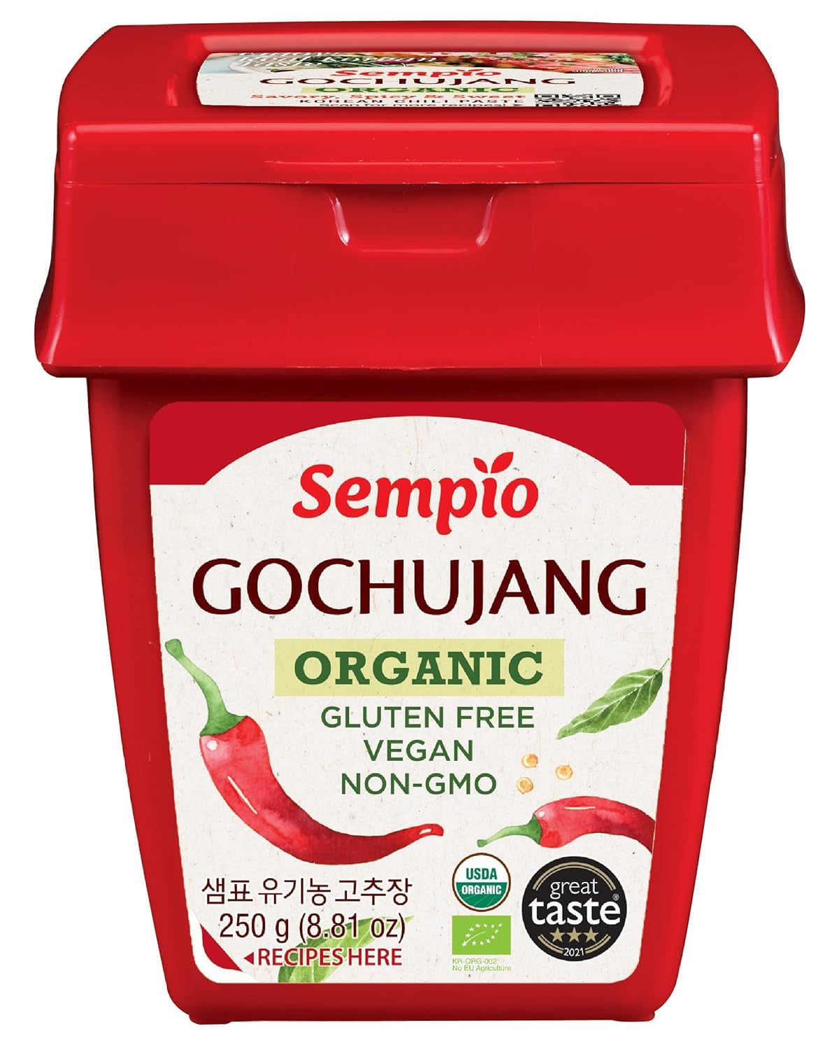 SEMPIO Organic Gluten Free Gochujang: Korean Red Chili Pepper Paste, Sweet Spicy Savory Paste, Traditional Fermented Condiment for Korean Cooking, Marinades, Dips, Vegan, Non GMO (8.8oz/250g)