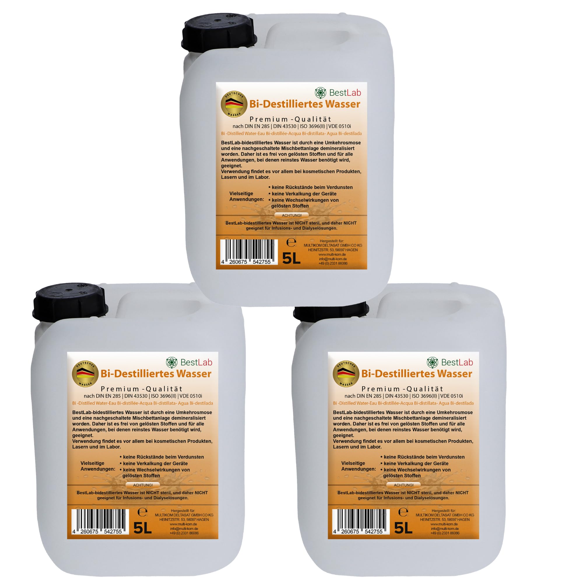 Agua Bidestilada | Aqua destilada 2 veces - Ideal para el hogar, medicina, laboratorio y electrodomésticos, automóvil o plancha - 1L, 1L con cabezal de pulverización, 5L y paquete de 3x5L