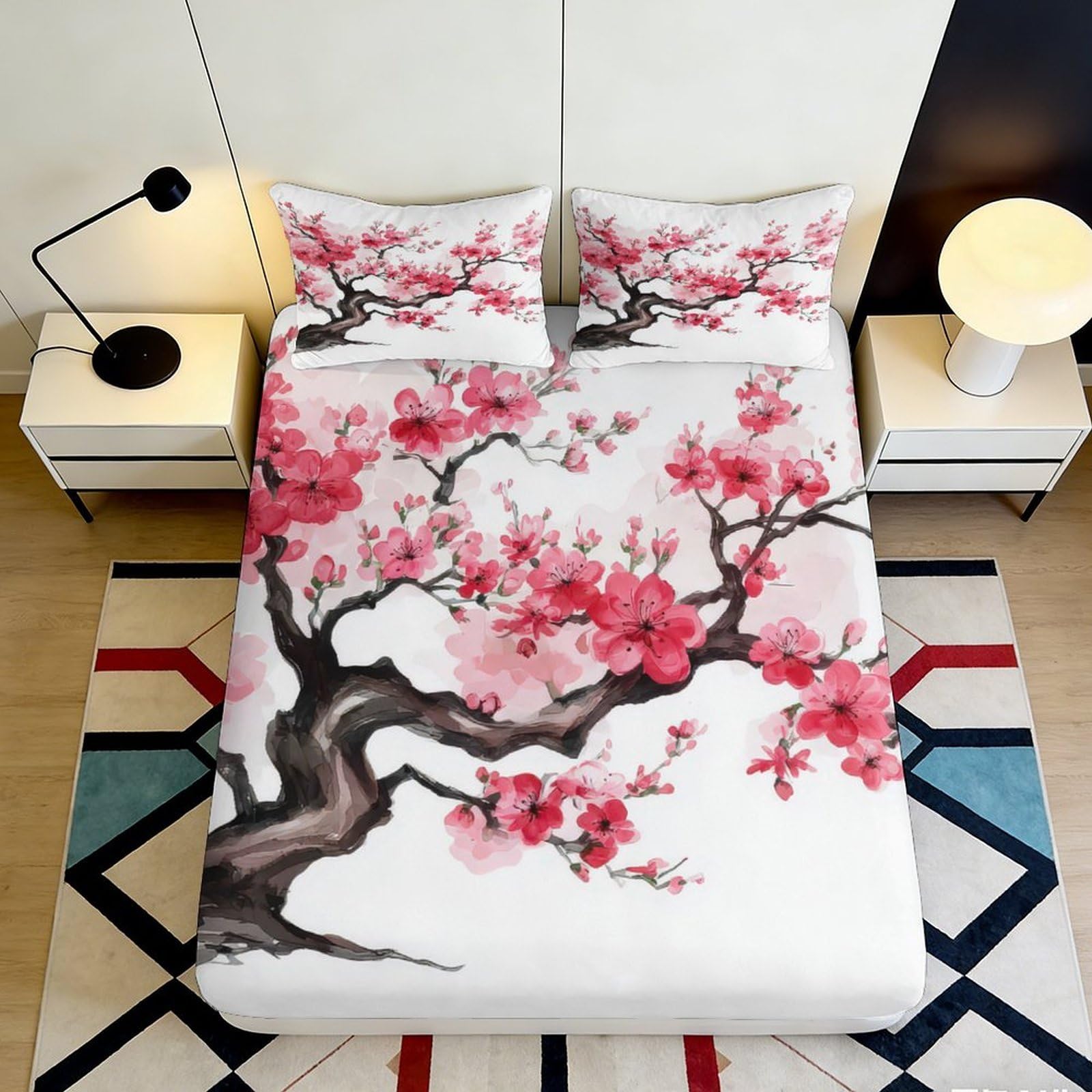 3D Printed Cherry Blossom Fitted Sheet Microfiber Soft Breathable Plum Flower Mattress Cover for Bedroom Dorm Decor 90x200x25cm