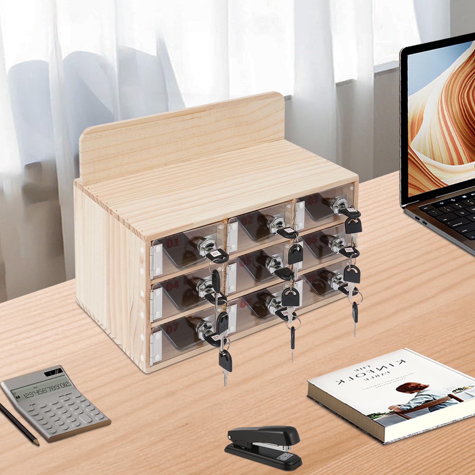 ZeStarDair 9 Slots Cell Phone Locker Box Acrylic & Wood Cell Phone Storage Locker with Door Locks and Keys Wall-Mounted Cell Phones Pocket Locker for Office School Classroom