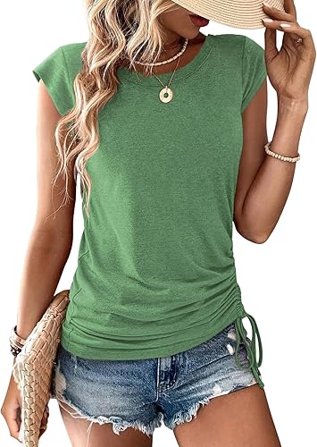 Womens Cap Sleeve Summer Tops Crewneck T Shirts Casual Sprin