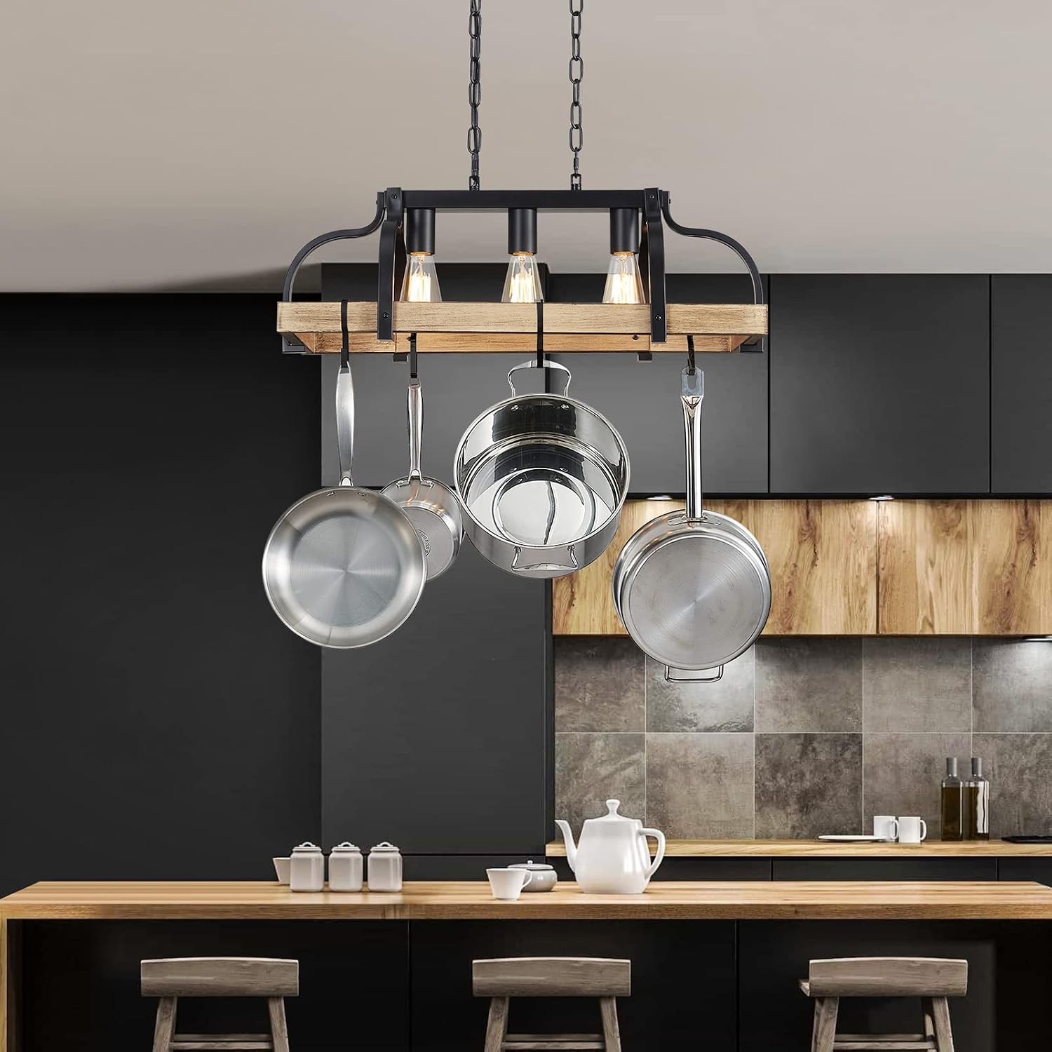 WUZUPS 3-Light Metal Pot Hanging Rack Chandelier Imitation Light Wood Grain Linear Pendant Ceiling Lighting Rustic Farmhouse Fixture Kitchen Island Dining Room, H 9.8" L 24.8" W11.8, E26 Base, Black