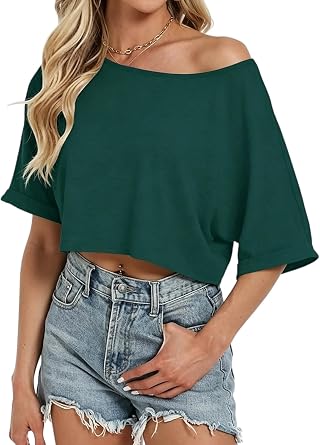Eniloyal Off the Shoulder Tops for Women Crop Batwing Sleeve Summer T Shirt
