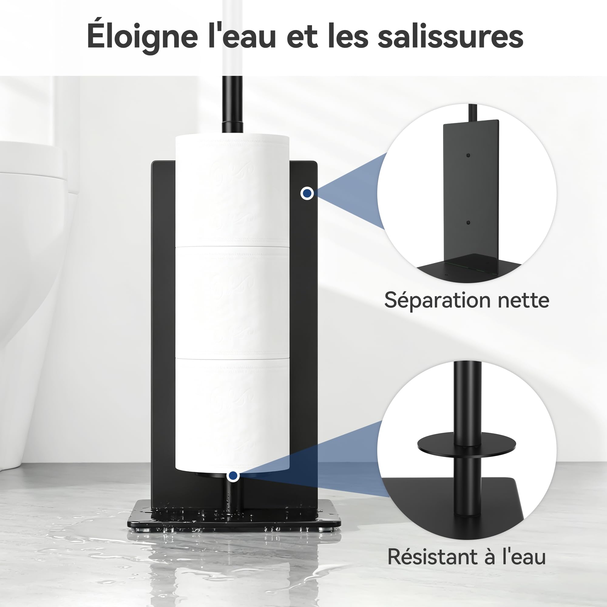 Porte Papier Toilette avec Brosse WC - Porte Rouleau Debout en Acier Inoxydable, Dérouleur Papier Aucun Perçage Requis avec Verre (Noir Mat)