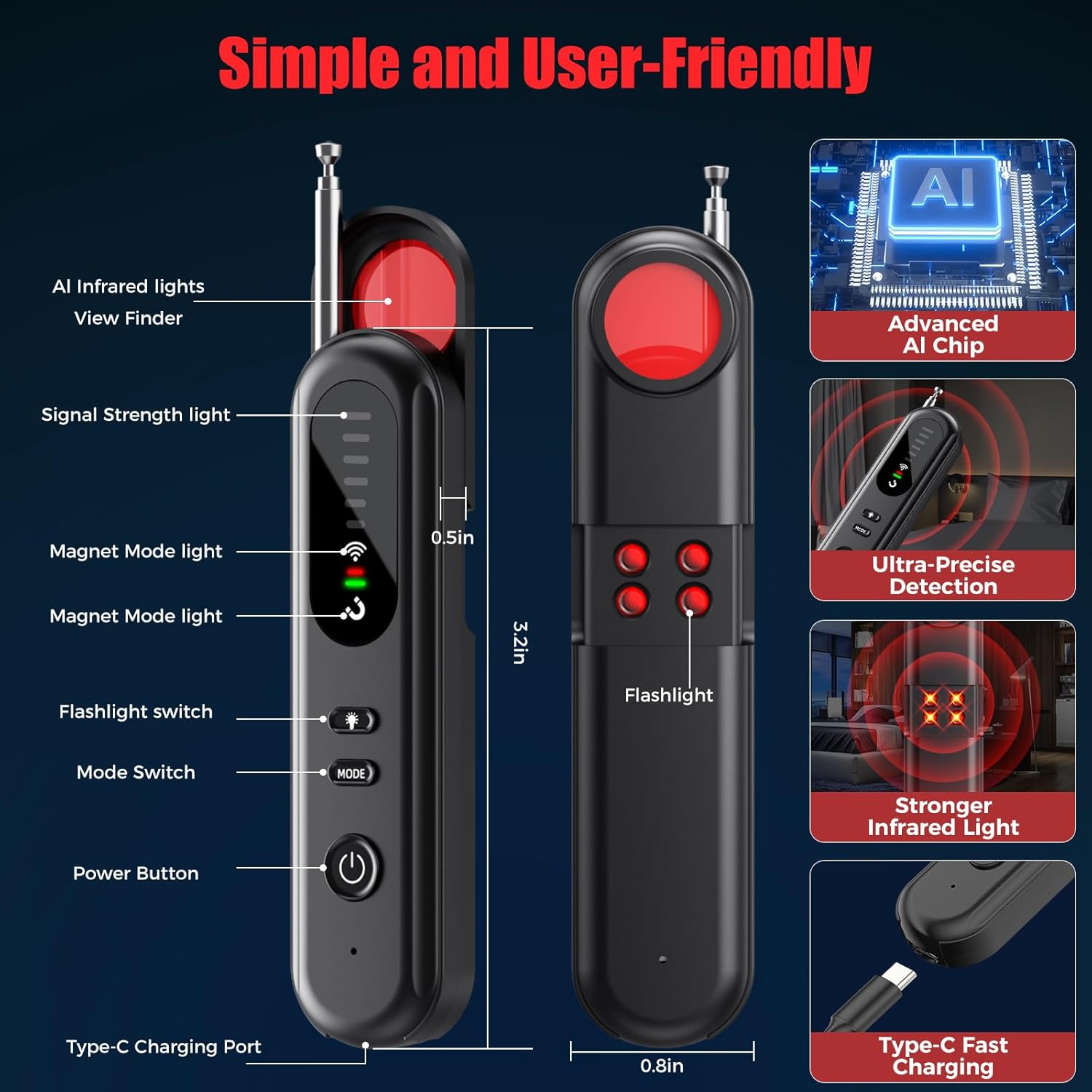 Hidden-Camera-detectors Portable-Bug Detector&Camera Finder-GPS Tracker Detector-Upgrad-Anti-spy Camera Finder-mini RF Signal Scanner-spy Device Detector for Travel,Office/Hotel/car-Black