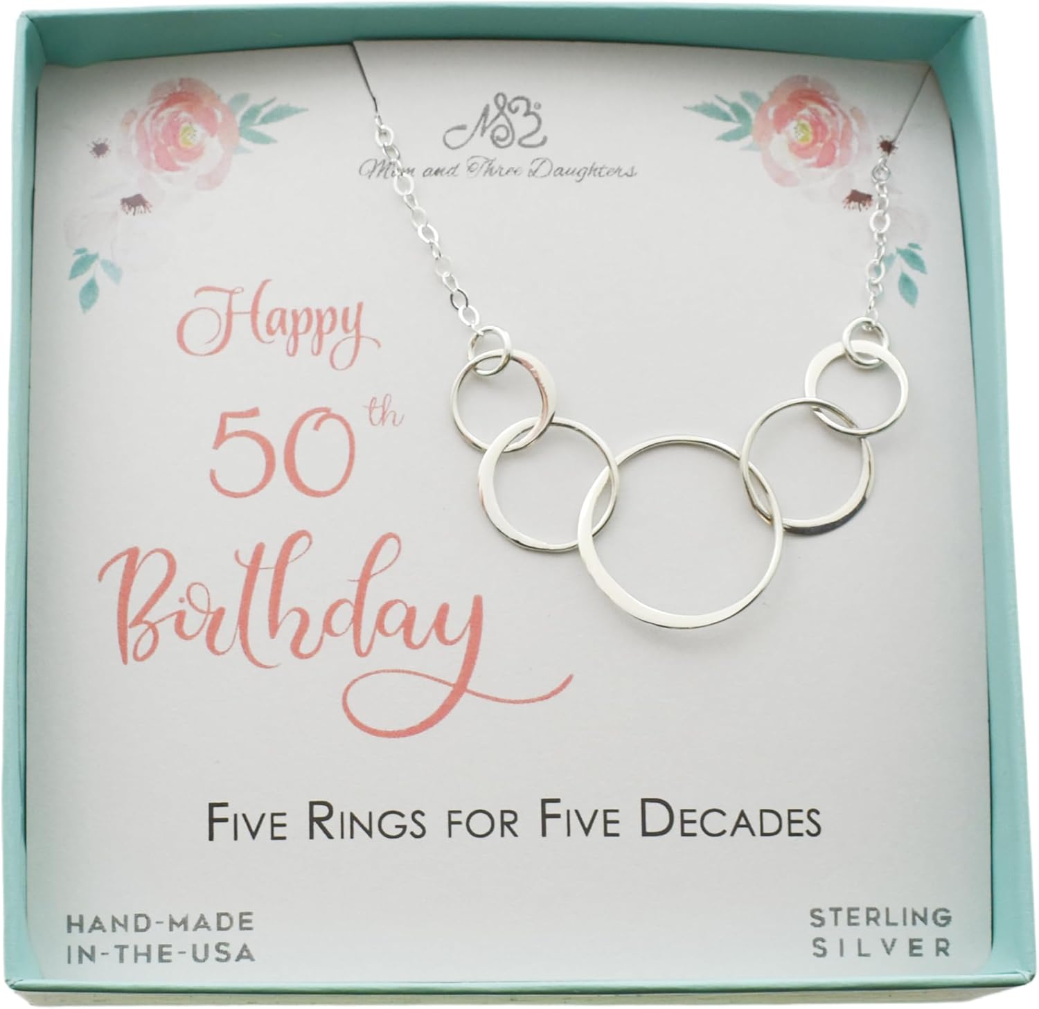 MOM & THREE DAUGHTERS 50th Birthday Charm Necklace in Sterling Silver | 18" Chain | 5 Ring Pendant | 50th Birthday Gift for Her