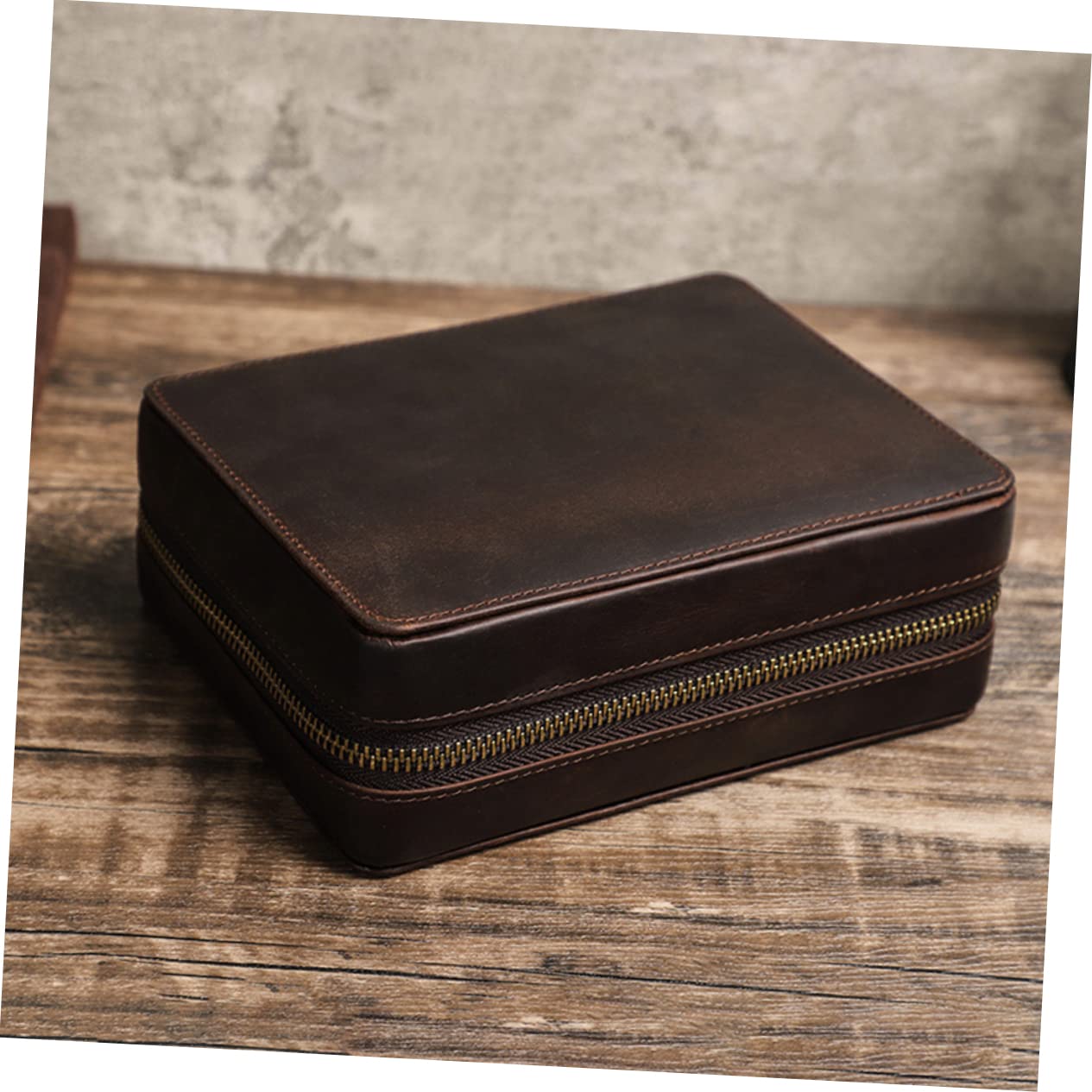 FOMIYES Estuche de Cuero para Reloj 4 Ranuras, Viaje y Orden | Acabado Vintage, Cierre Cremallera, Diseño Delgado, Tono Café, Compartimentos Laterales