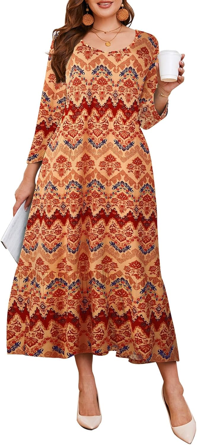 LARACE 3/4 Sleeve Dresses for Women Plus Size Casual Long Maxi Fall Winter Dress with Pockets
