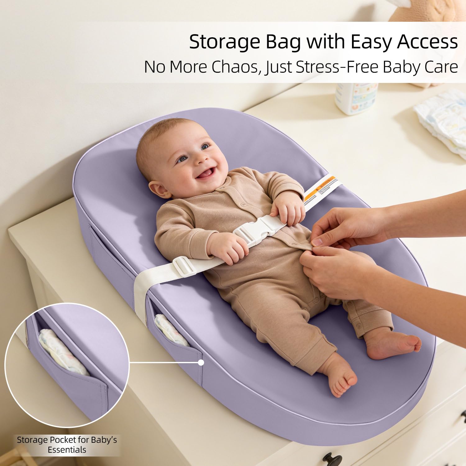 Baby Changing Pad, Waterproof Vegan Leather Wipeable Diaper Changing Pad with Safety Strap Non-Slip Changing Mat for Dresser & Table