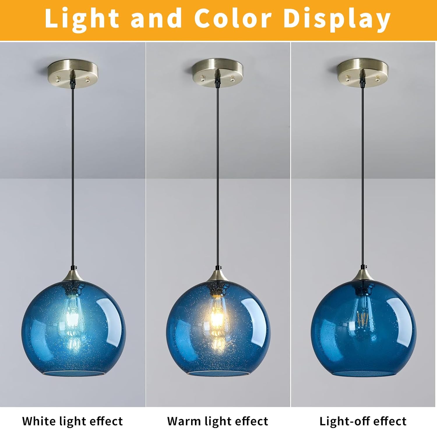 Modern 2-Pack Glass Globe Pendant Lights, Blue Modern Pendant Lighting for Kitchen Island, Clear Glass Hanging Lamps for Dining Room Living Room Bedroom, Medium 7.87 Inch Fixture (Bulbs Not Included)