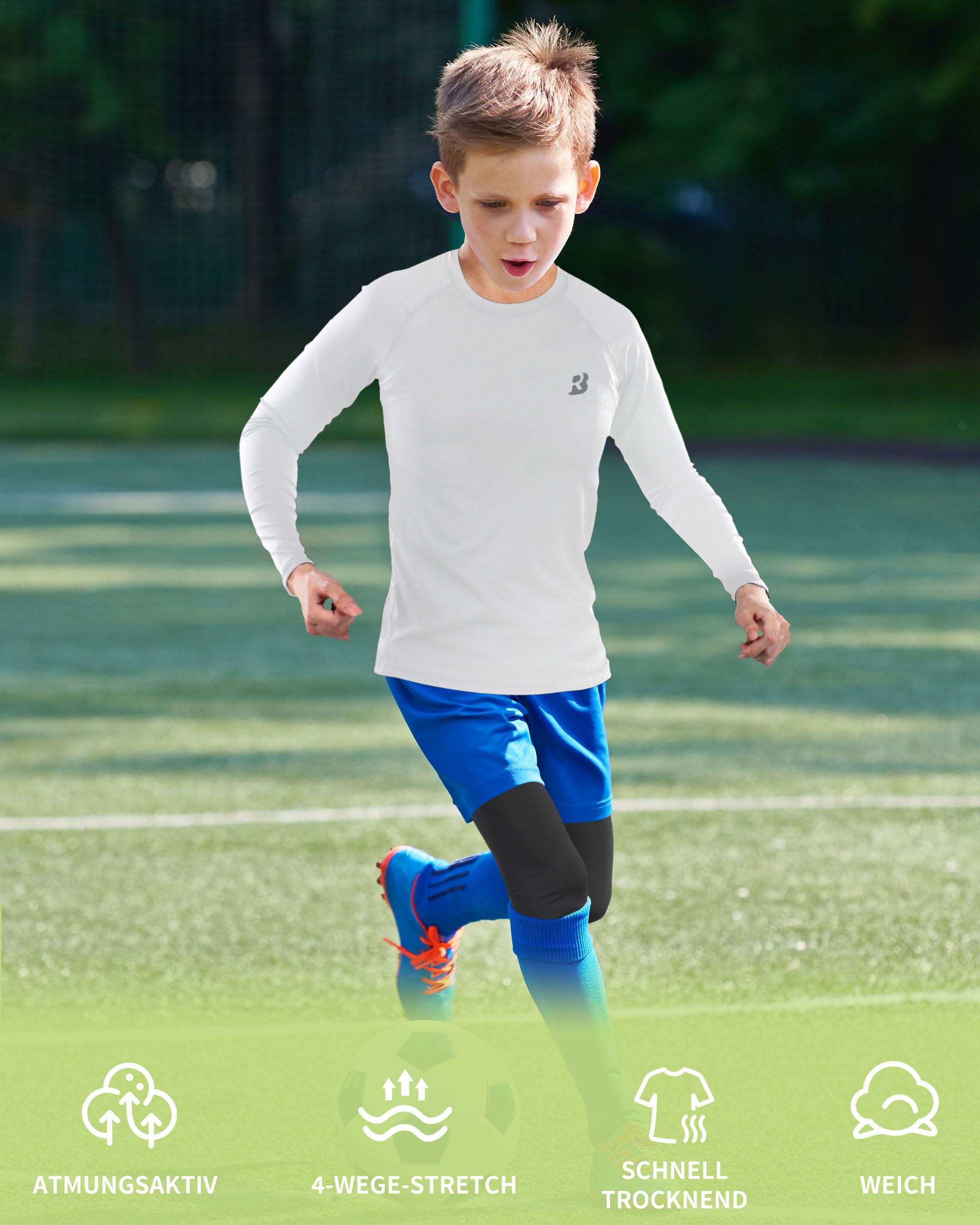 Roadbox Kompressionsshirts für Jungen 1-2 Pack, Sportshirt Langarm & Kurzarm, Atmungsaktives Unterziehshirt Kinder, Skiunterwäsche Fußball Laufen