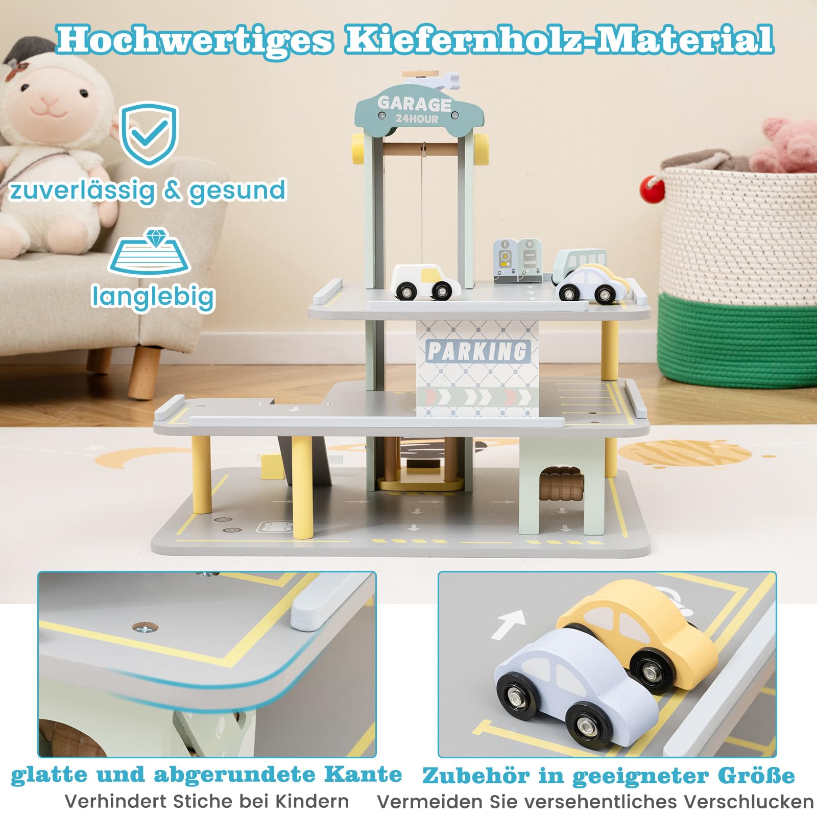 COSTWAY Parkhaus Holz, Parkgarage mit 3 Etagen & 4 Autos & Aufzug, Autogarage Spielzeug für Kinder ab 3 Jahren