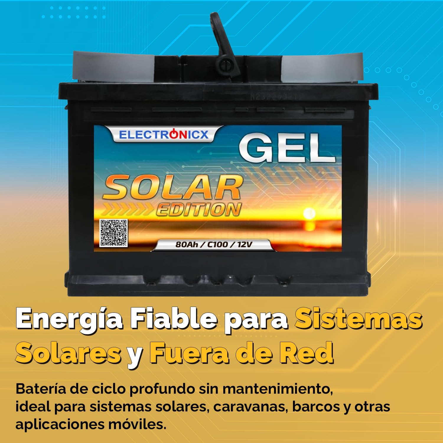 Batería de alimentación Gel Electronicx 12V 80Ah – Batería 12 voltios 80 Ah – batería Solar para Autocaravana, Furgoneta y Barco – acumulador de Gel para fotovoltaica, Camping, Marina
