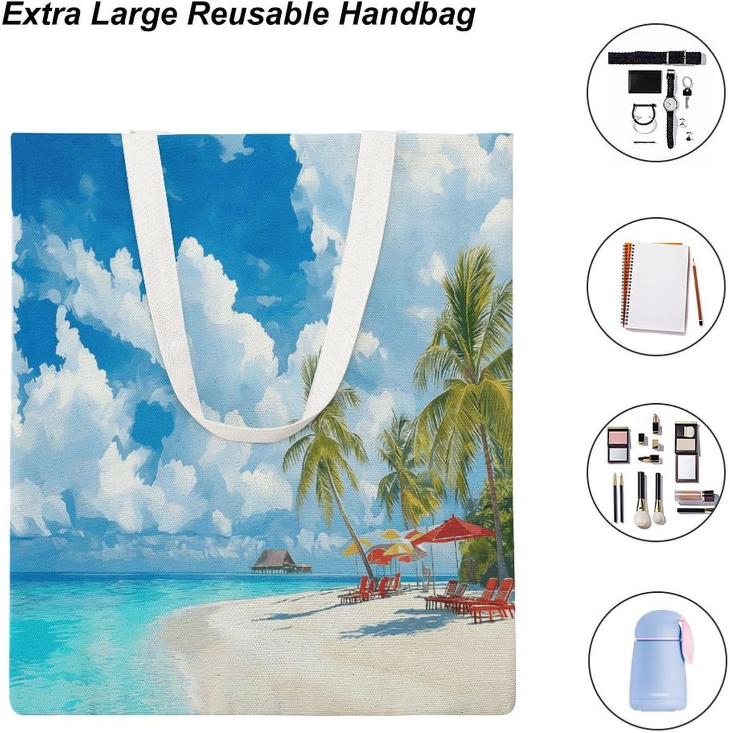 Seaside Landscape Canvas Tote Bag Reusable Grocery Bags Foldable Soft Cotton Shoulder Carry Bag