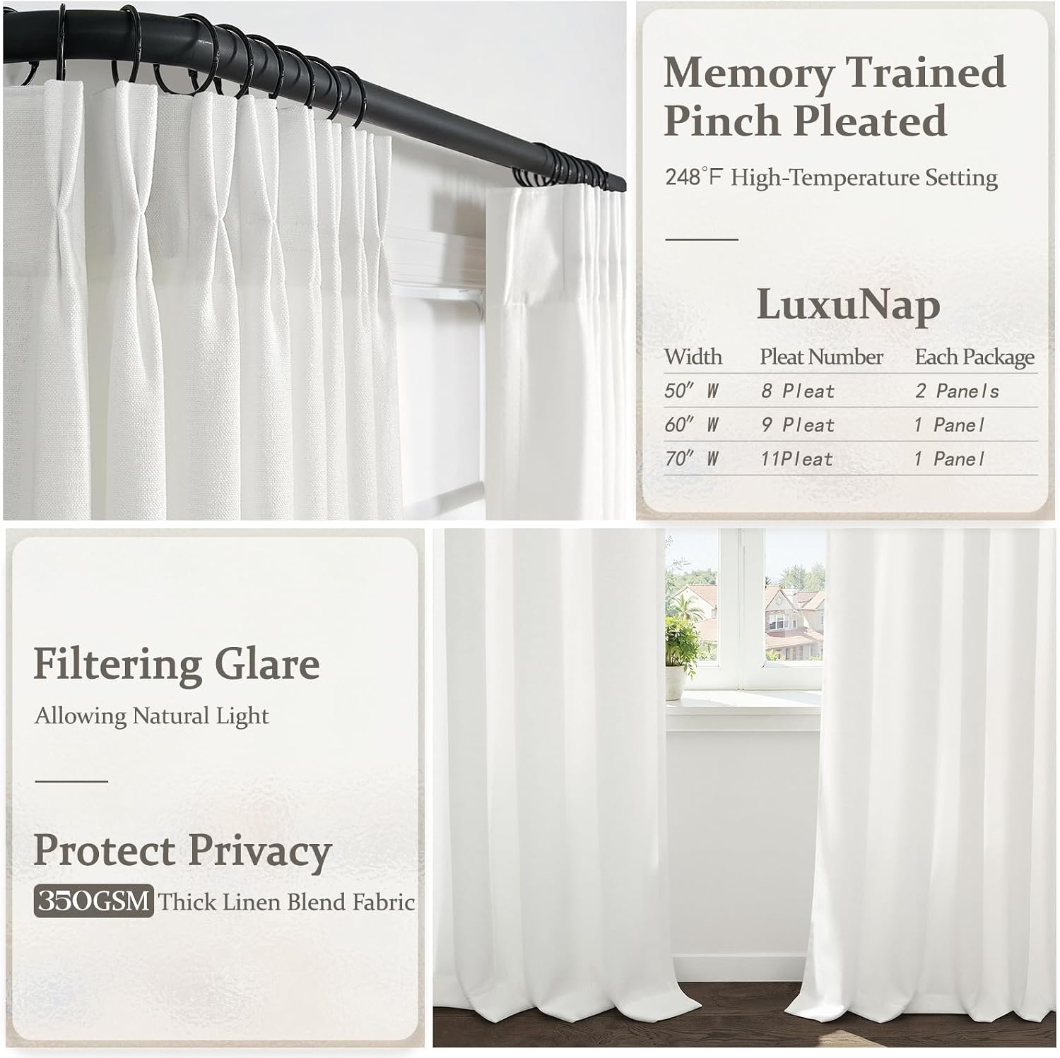 Snow White Pleated Linen Curtains 84 Inches Long for Sliding Glass Doors, Memory Shape Light Filtering Thick Viral Curtain Semi Sheer Privacy Bedroom Decorative Windows Drapes 7 FT Length 2 Panels Set thumbnail