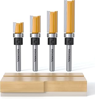 REKCKRUL 4Pcs Pattern Flush Trim Router Bits Set, 1/4 Inch Shank Top Bearing, Carbide Tipped Woodworking Router Bits for Precision Edge Trimming, Cutting Length: 1/2", 3/4", 1", 1-1/2"