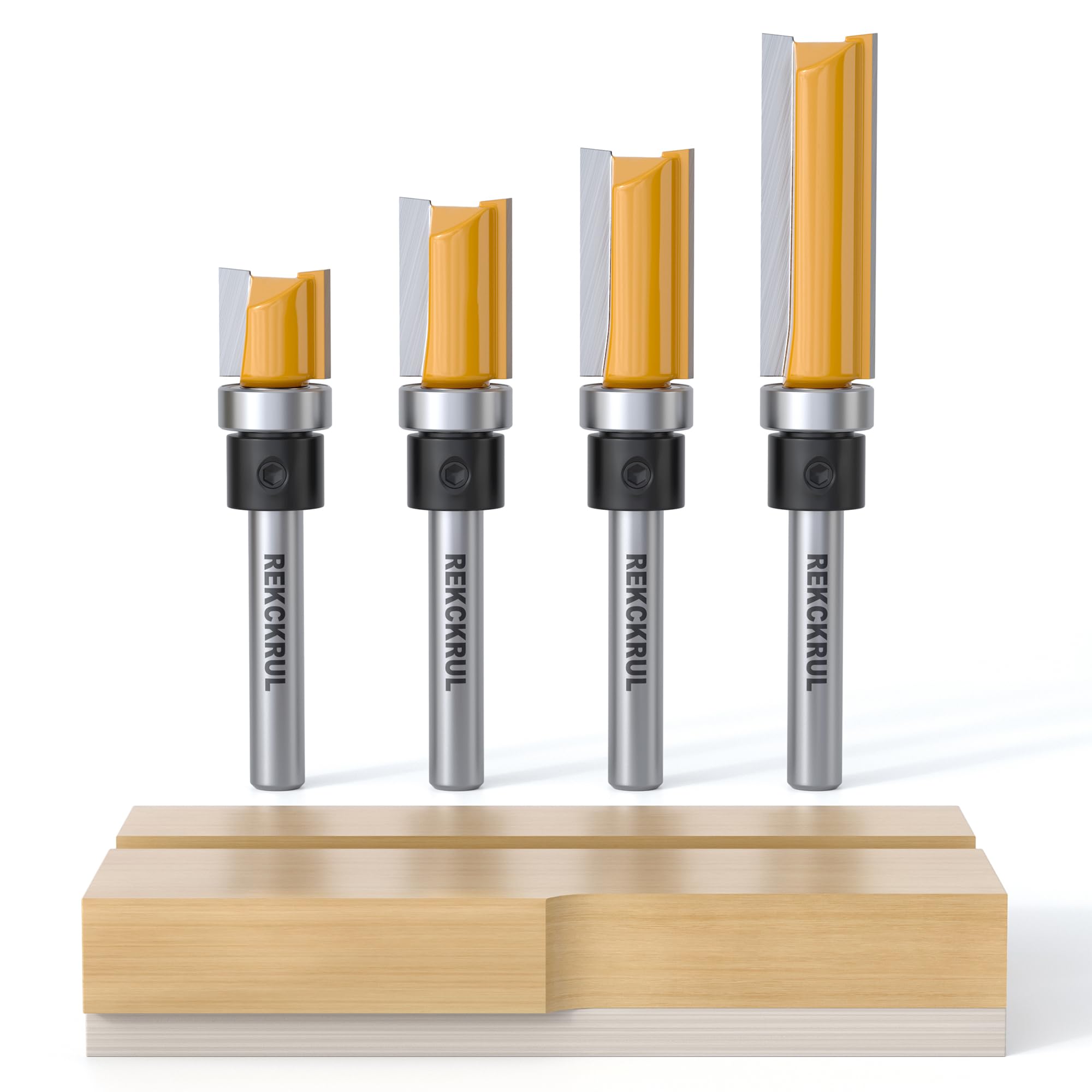 REKCKRUL 4Pcs Pattern Flush Trim Router Bits Set, 1/4 Inch Shank Top Bearing, Carbide Tipped Woodworking Router Bits for Precision Edge Trimming,