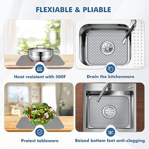 Miniatura 4 de Bestjing Tapete de silicona para fregadero, paquete de 2 protectores de fregadero de 13.58 x 11.6 pulgadas para fregadero de cocina con drenaje
