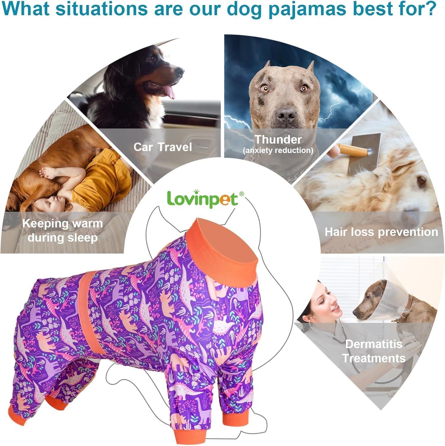 LovinPet Dog Pjs Outfits for Medium Dogs - Post Surgery Recovery Jumpsuit for Dogs, Reflective Stripe Pullover Dog Onesie, Breathable & Stretchy Fabric, Purple Dinosaur Print, Pjs for Dogs,XL