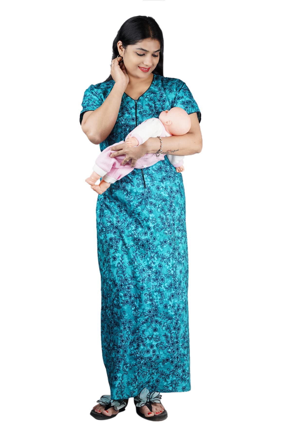 Wristy Women's Cotton Printed Ankle Length Maternity Nighty - Free Size