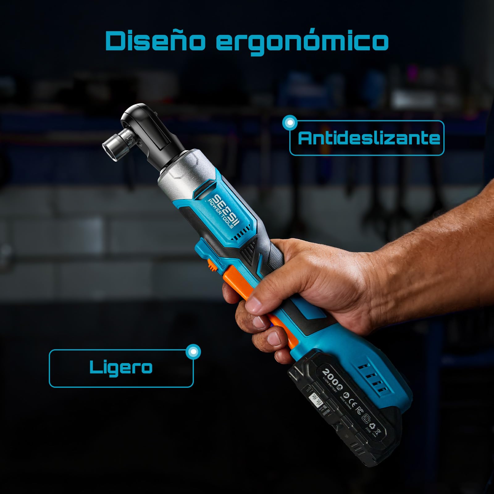 Seesii 3/8" Llave de carraca eléctrica, 80N·m llave de trinquete con baterías 2x2,0 Ah, 300 rpm Llave de carraca a batería con vasos de 10 a 17 mm, más adaptadores de 1/4" y 1/2" alargador de 3"
