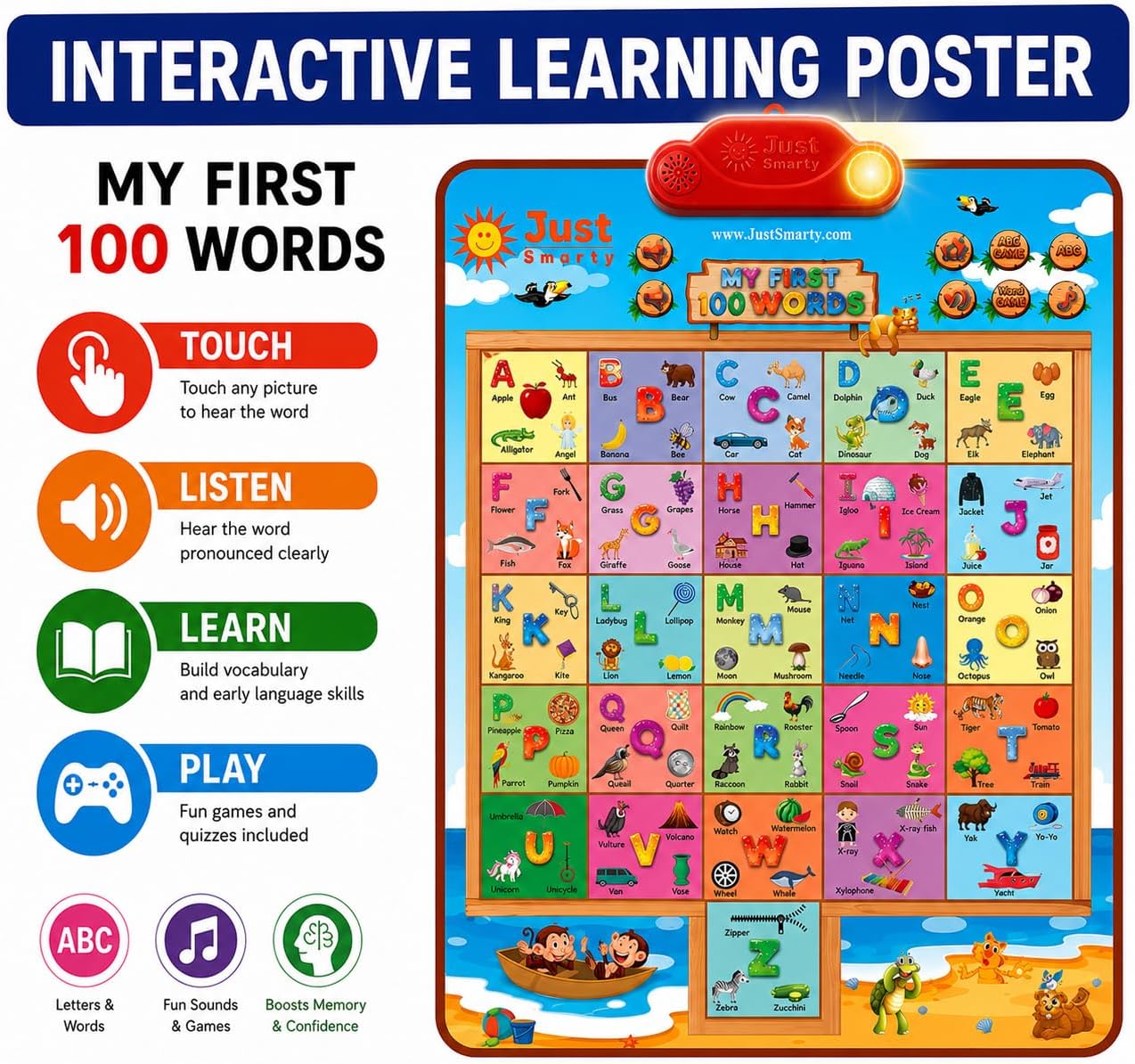 Just Smarty Interactive First 100 Words Learning Toys for 2 Year Olds | Educational First Words Alphabet Poster for Children | Learning Words for Toddlers ABC Chart | Alphabet Learning Toys for Kids