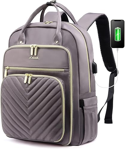 LOVEVOOK Mochila para laptop para mujer, mochila de trabajo de moda con puerto USB, mochilas impermeables para el trabajo., Púrpura, gris, 15,6