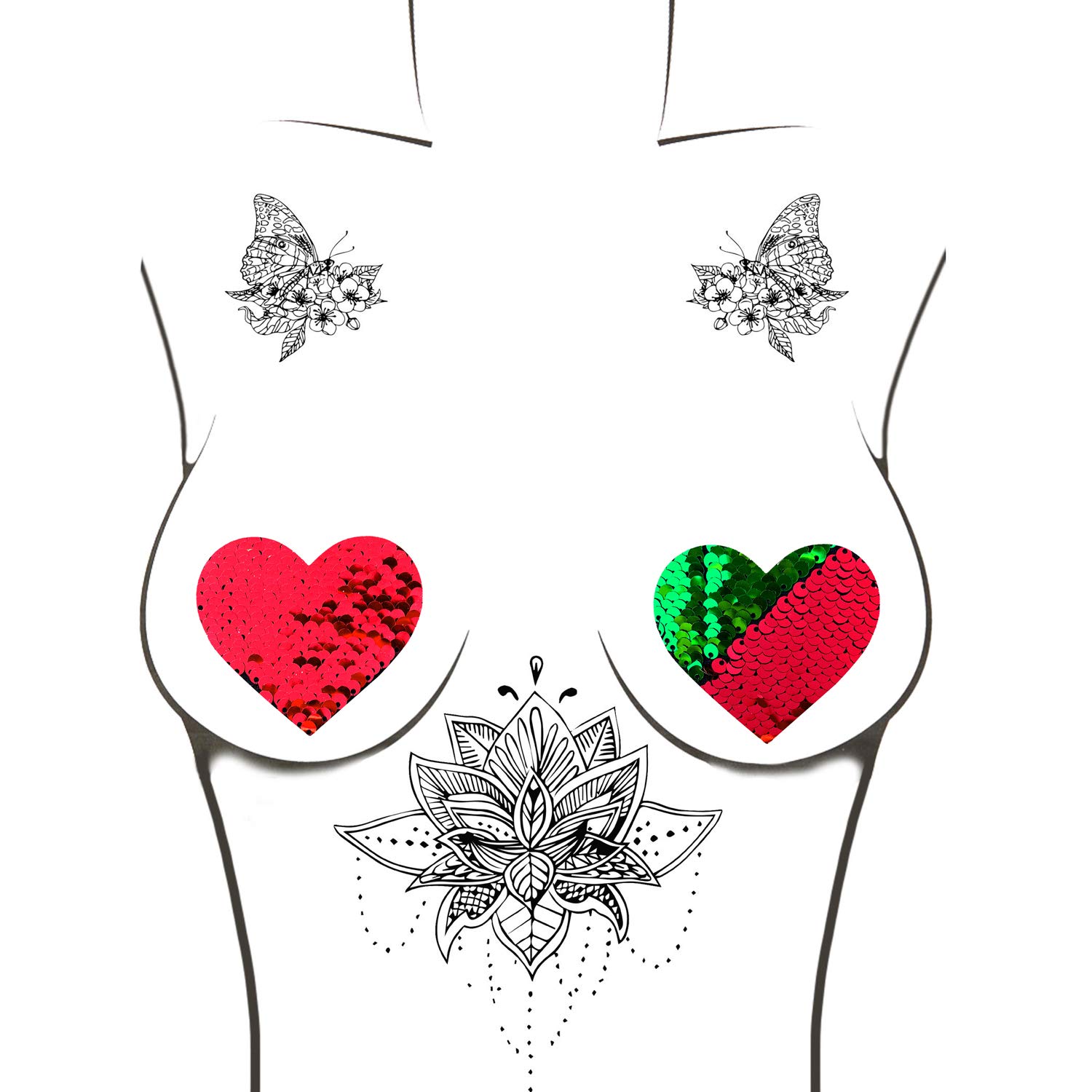 Neva Nude Iridescent Crystal Beamz Nipztix Pasties Nipple Covers for Festivals, Raves, Lingerie and More, Made in USA: Sequin Red to Green X