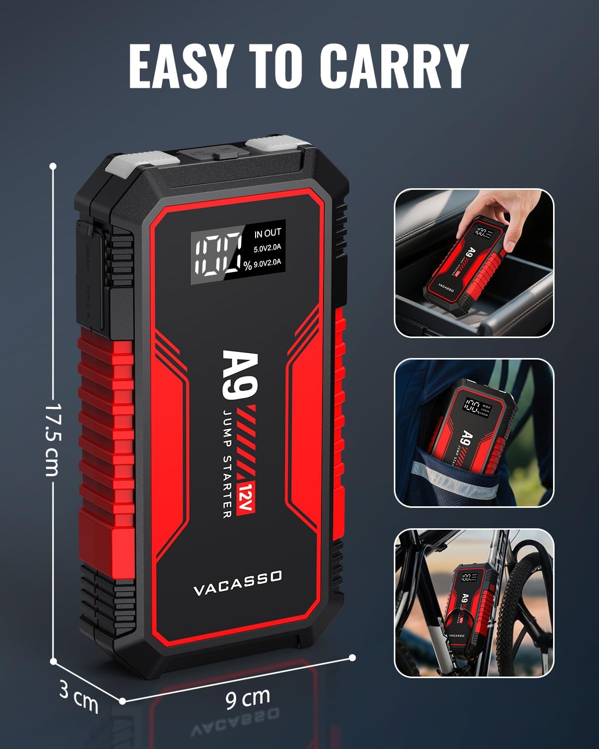Jump Starter 4000A, VACASSO A9 Battery Jumper Starter Portable (7L Gas/4L Diesel), 12V Car Battery Booster Jump Starters Pack, Jumpstart with USB Ports, Jumper Cables, LED Light, Storage Case - Image 9
