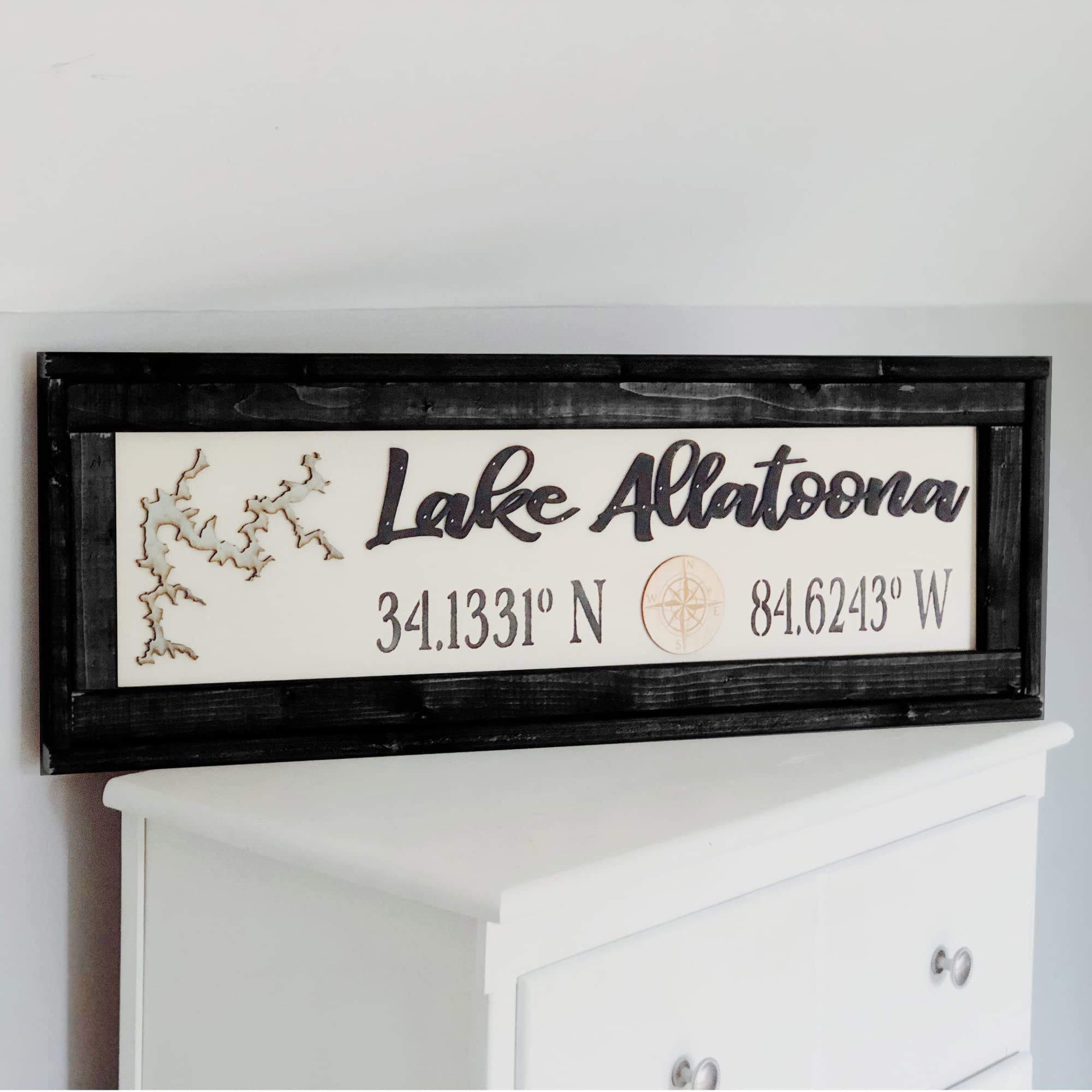 35"x12" Lake Coordinate Sign - Customized - Solid Wood - Pine Designs
