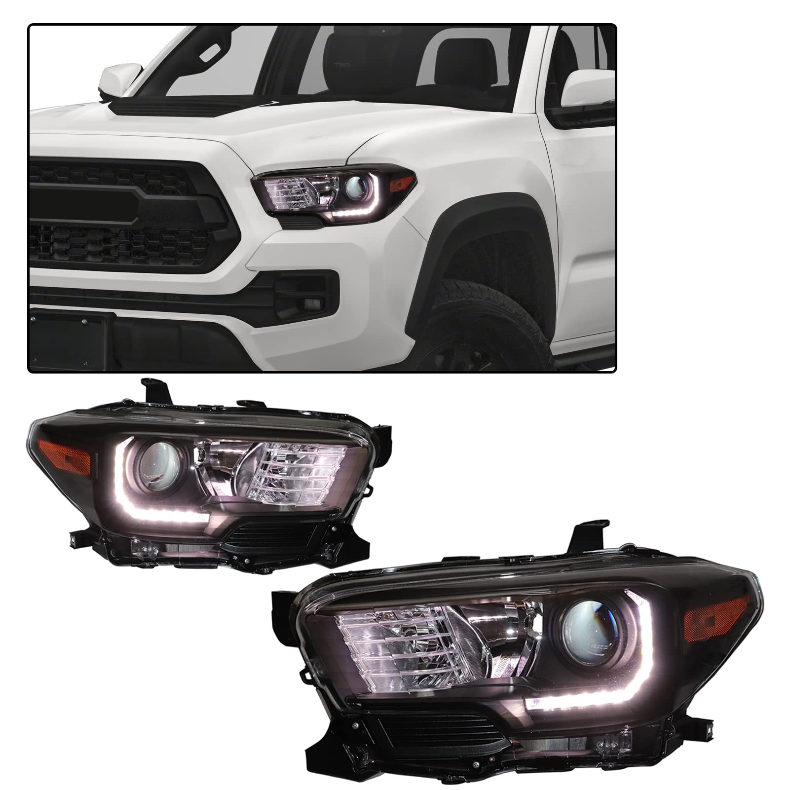 Photo 1 of **ONE ONLY**
HWLMPS Headlights Replacement For 2016 2017 2018 2019 Toyota Tacoma TRD Sport/TRD Off Road/Limited/TRD Pro, Projector Headlamps Driver and Passenger Side Pair, Black Housing Clear Lens Amber Reflector