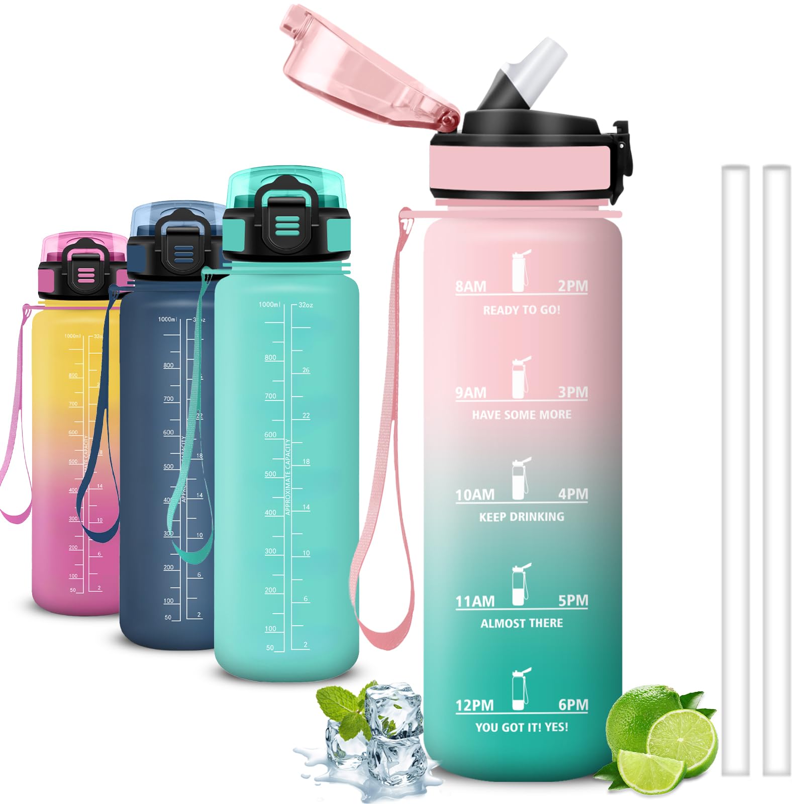 Mujigaga Borraccia 1 litro, Borraccia con Cannuccia, Senza Perdite, Borraccie Motivazionale, Facile da Pulire, Borracce Trekking, Con Slogan Motivazionale, Water Bottle per Sport, Ciclismo, Nuotare