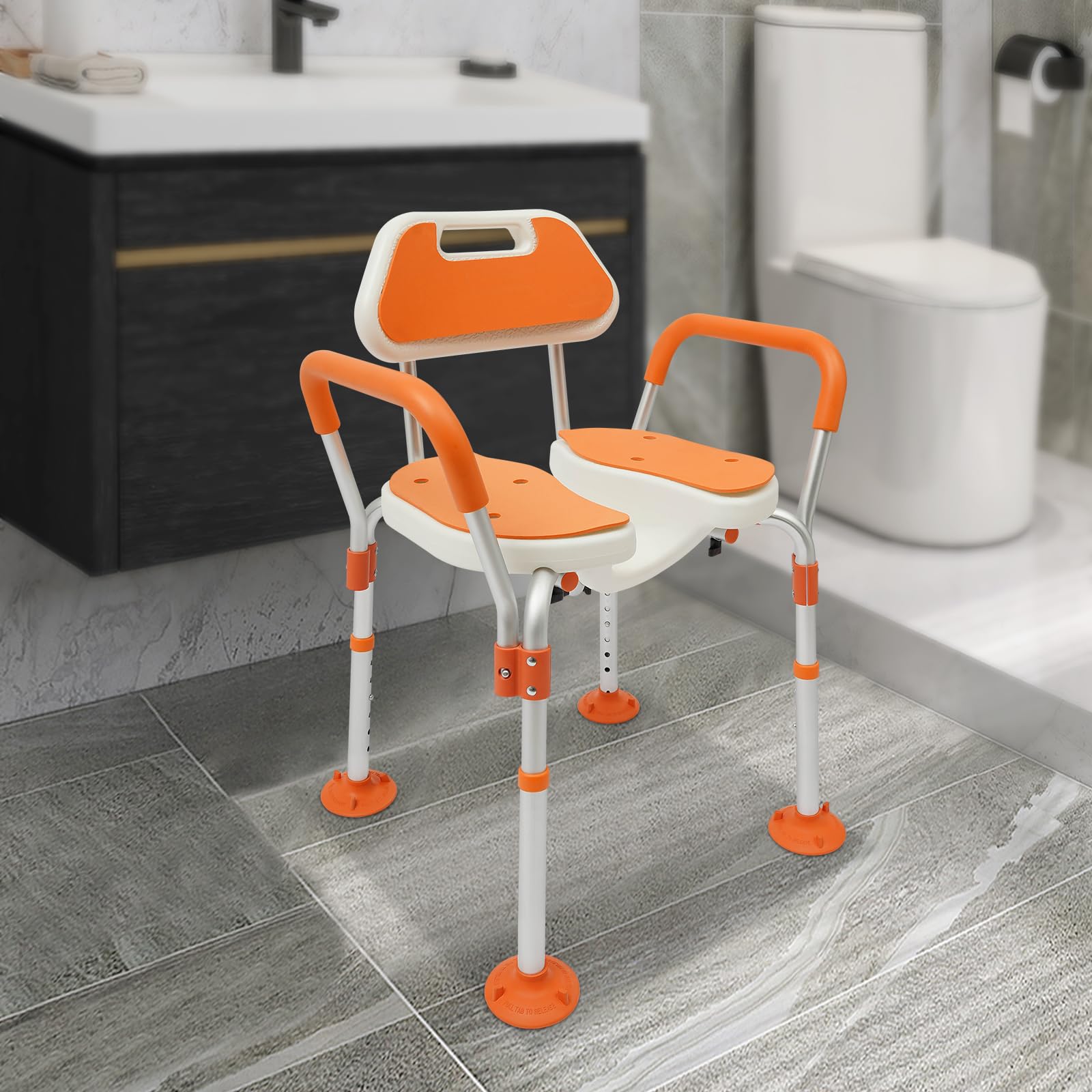Silla de ducha para personas mayores, asiento de ducha con reposabrazos y respaldo, soporta hasta 180 kg, altura regulable, silla de baño con almohadillas antideslizantes para los pies, taburete de