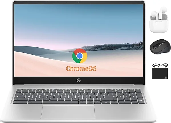 HP Chromebook 15.6" HD Flagship Laptop for Student Business, Quad-Core Intel N200 Processor, 8GB RAM, 320GB Storage (64GB eMMC + 256GB Card), Webcam, WiFi, Long Battery, Chrome OS+HubxcelAccessory