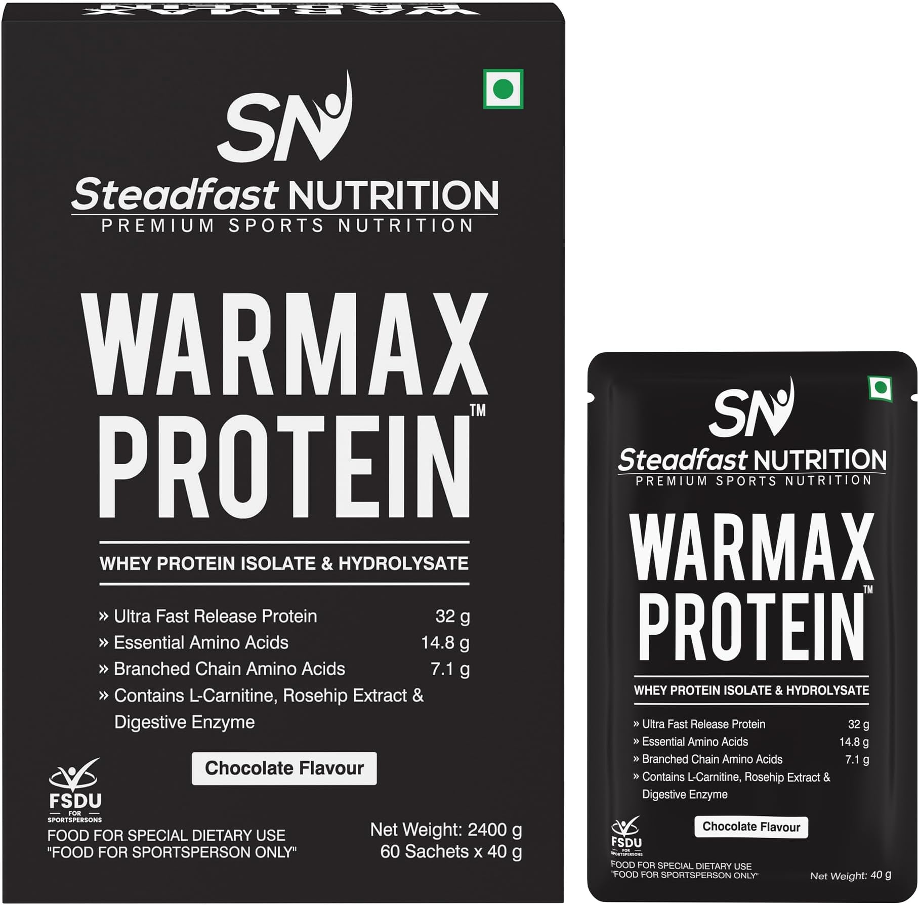 Steadfast NutritionWarmax Whey Protein Isolate & Hydrolysate Powder|32G Ultra Fast Release Protein Per Sachets With L-Carnitine, Eaas, Bcaas & Rose Hip Extract 2.4Kg (Chocolate, 60 Sachets)