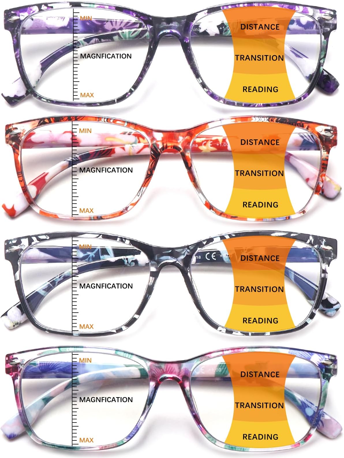 CLASAGA Progressive Multifocus Reading Glasses for Women, Pattern Print Blue Light Block Stylish Ladies Computer Readers