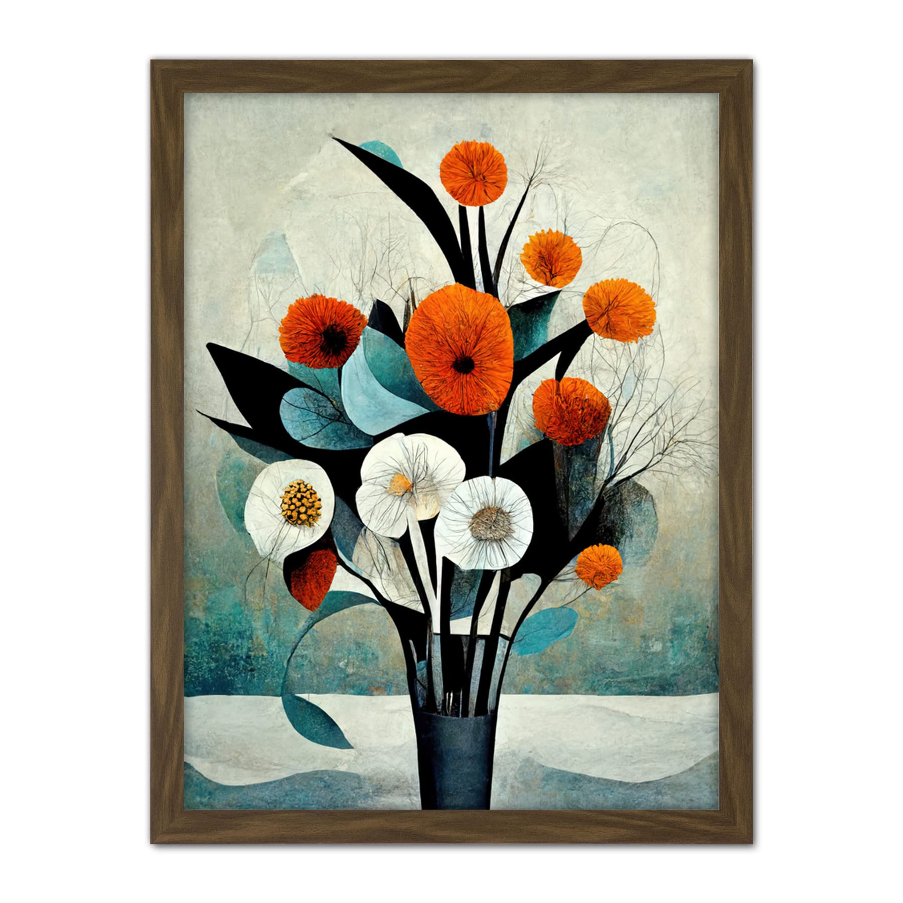 Doppelganger33 LTD Flowers Floral Display Bouquet Modern Abstract Teal Orange Artwork Framed Wall Art Print 18X24 Inch