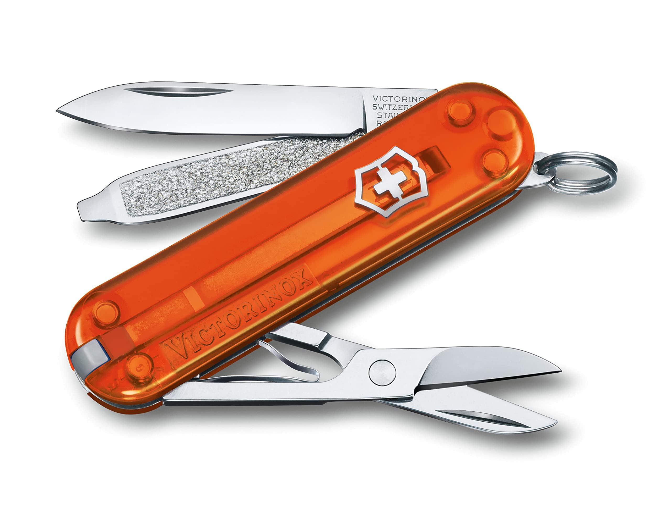Victorinox Classic SD Swiss Army Knife, Compact, 7 Functions, Swiss Made Pocket Knife with Small Blade, Screwdriver and Key Ring - Fire Opal (Orange Translucent)