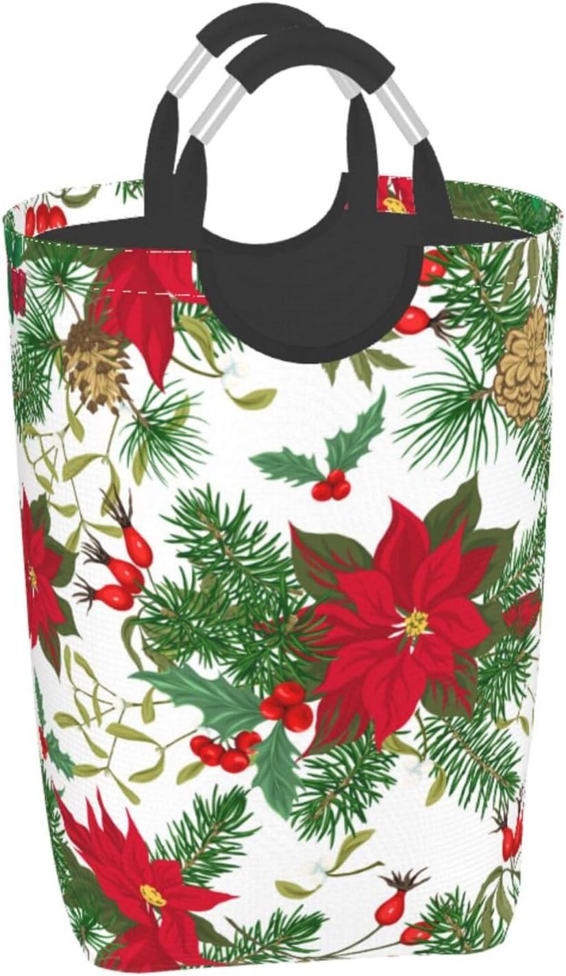 Christmas Berries Laundry Basket Organizer Collapsible Tall Laundry Hamper Nursery Storage Basket Bins with Handles for Toys Organizer Clothes Bathroom Travel