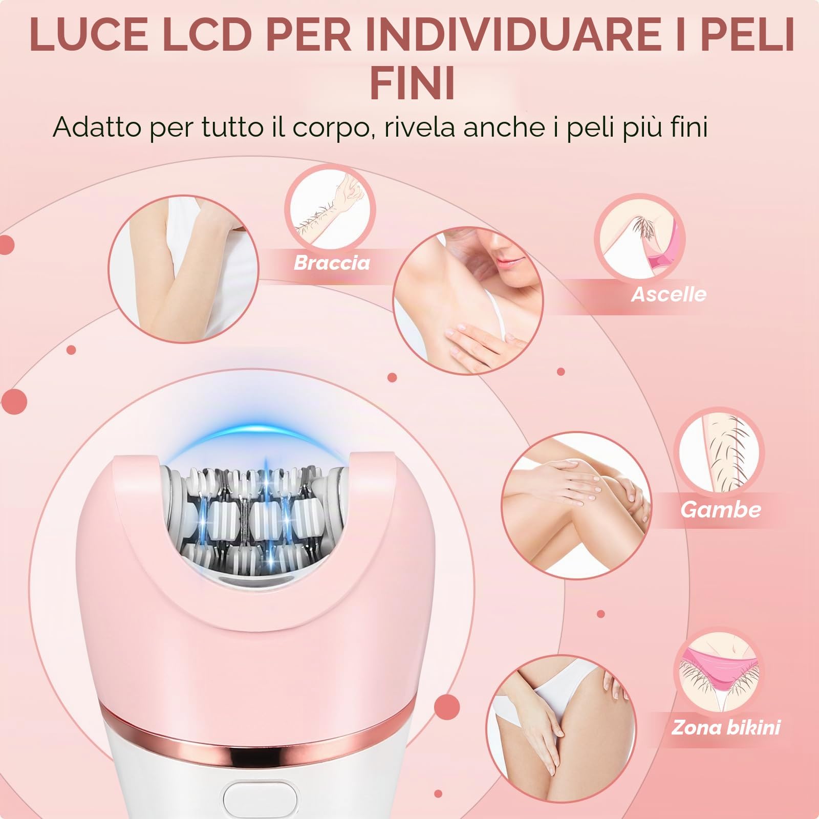 Epilatore viso donna 6 in 1 epilatore elettrico donna senza fili display LED ricaricabile, rasoio elettrico asciutto e bagnato con spazzola esfoliante, spazzola di pulizia, testa di massaggio
