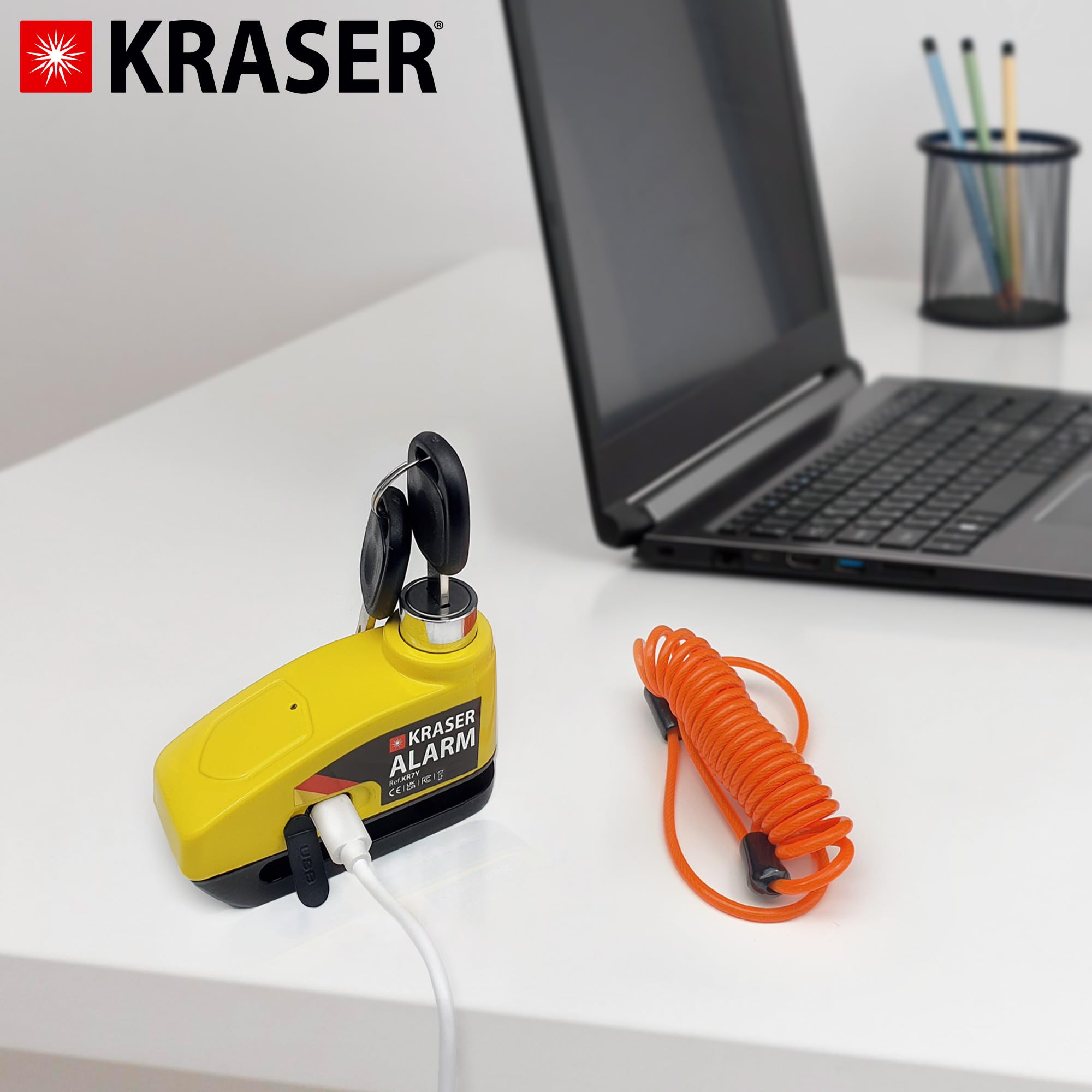 KRASER KR7Y Candado Disco Moto con Alarma 110dB Batería Recargable USB, Sensor de Movimiento, Impermeable Resistente Visible, Antirrobo Cepo Pinza Freno Bloqueo 7mm Universal, Amarillo
