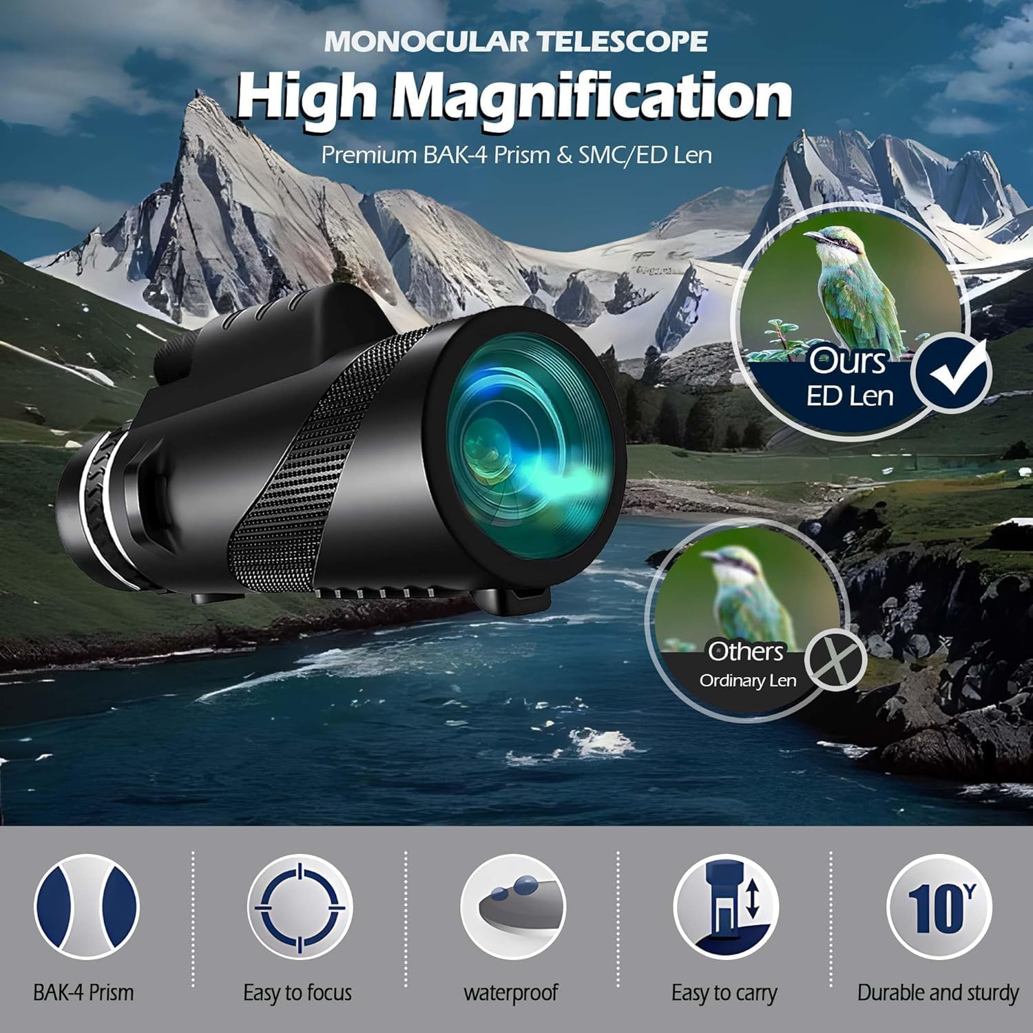 Homava 80 X 100 Outdoor Portable Monocular Telescope for Watching Hunting Camping Travel Scenery Outdoor, Camping, Sighting | 15.0 x 5.2 x 4.2 cm | Black 2