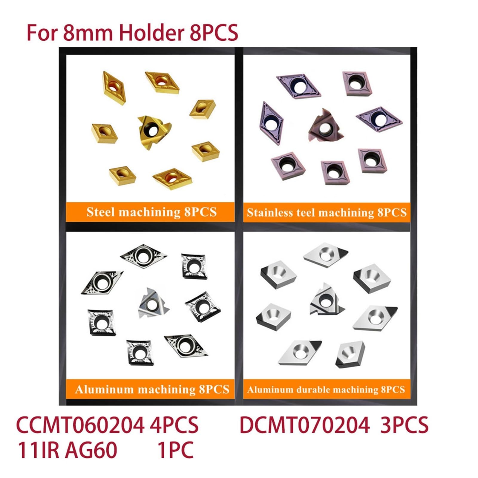 EDEDE Drehmeißel Set, Gemischte Einsätze Set CNC-Drehmaschine Drehwerkzeughalter Bohrstange Hartmetall/PCD-Einsätze for Metalldrehen Gewindeschneiden Einstechen(12mm Holder 8PCS,Aluminum)