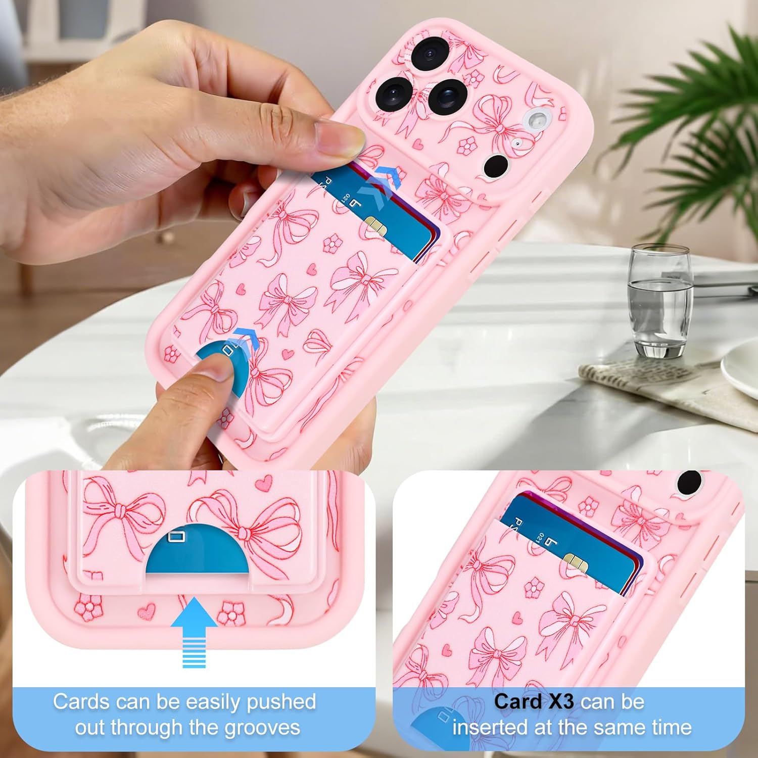 Fiyart Designed for iPhone 17 Pro Max Wallet Case for Women Credit Card Holder Slot Cute Bowknots Slim Soft TPU Protective Ribbon Bows Phone Cover 6.9"- Pink