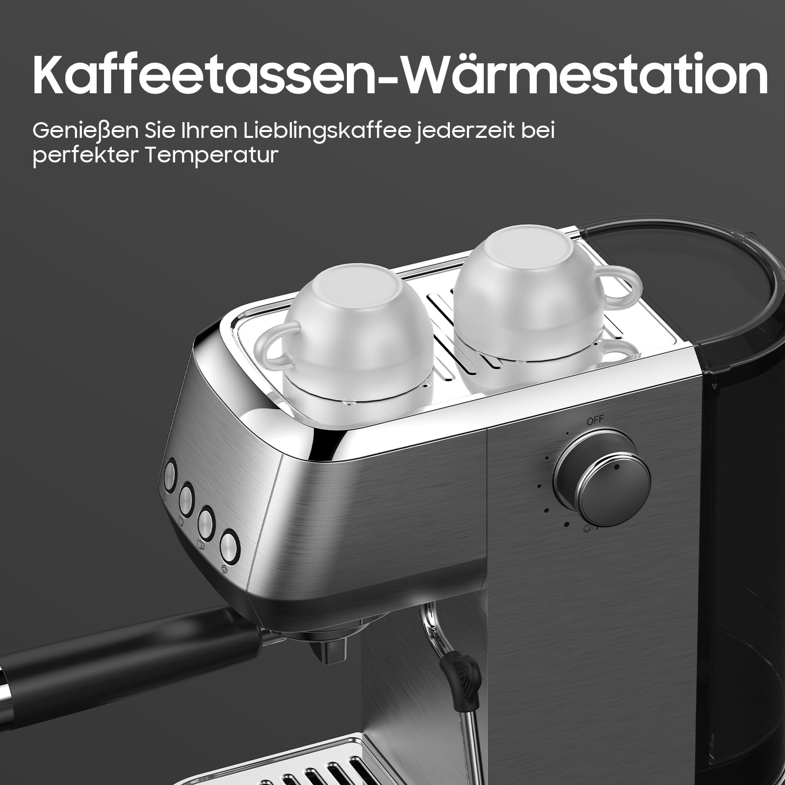 Ekspres do espresso, sitko, 20 barów, ze spieniaczem do mleka, filtr portowy 51 mm, szybkie nagrzewanie, konstrukcja ze stali nierdzewnej, zbiornik na wodę 1,3 l, podgrzewacz do filiżanek, filtr 2 w 1