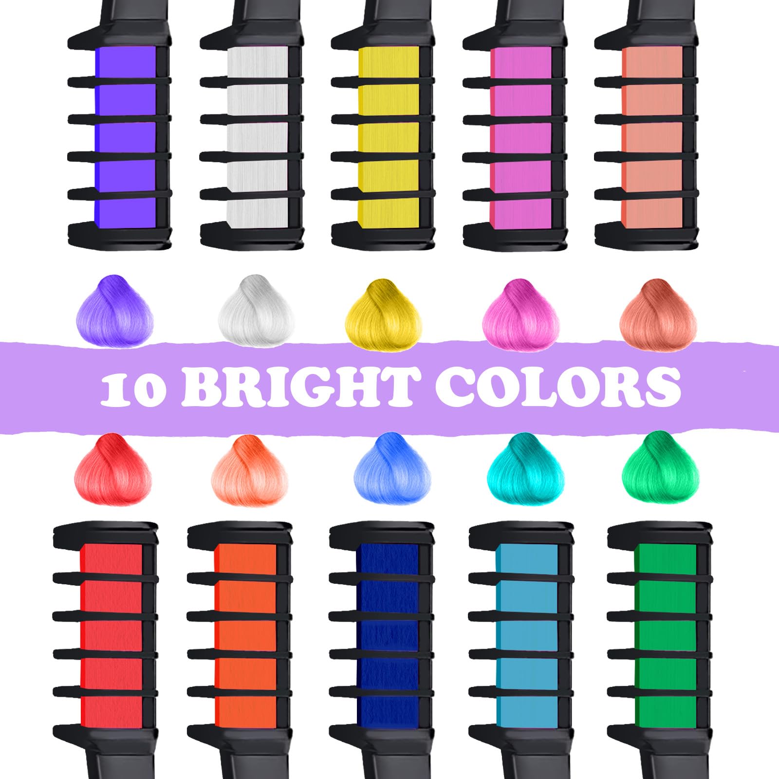 10 Peignes à Craie pour Cheveux, Peignes Craie Cheveux, Coloration Temporaire Lavable, Pour Enfants et Adultes, Fête, Anniversaire, Cosplay, Carnaval