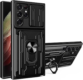 CCSmall Capa para Samsung Galaxy S22 Ultra (não S22) com suporte para cartão, capa de telefone de proteção resistente com anel magnético e suporte para câmera deslizante para Samsung Galaxy S22 Ultra LJK preta