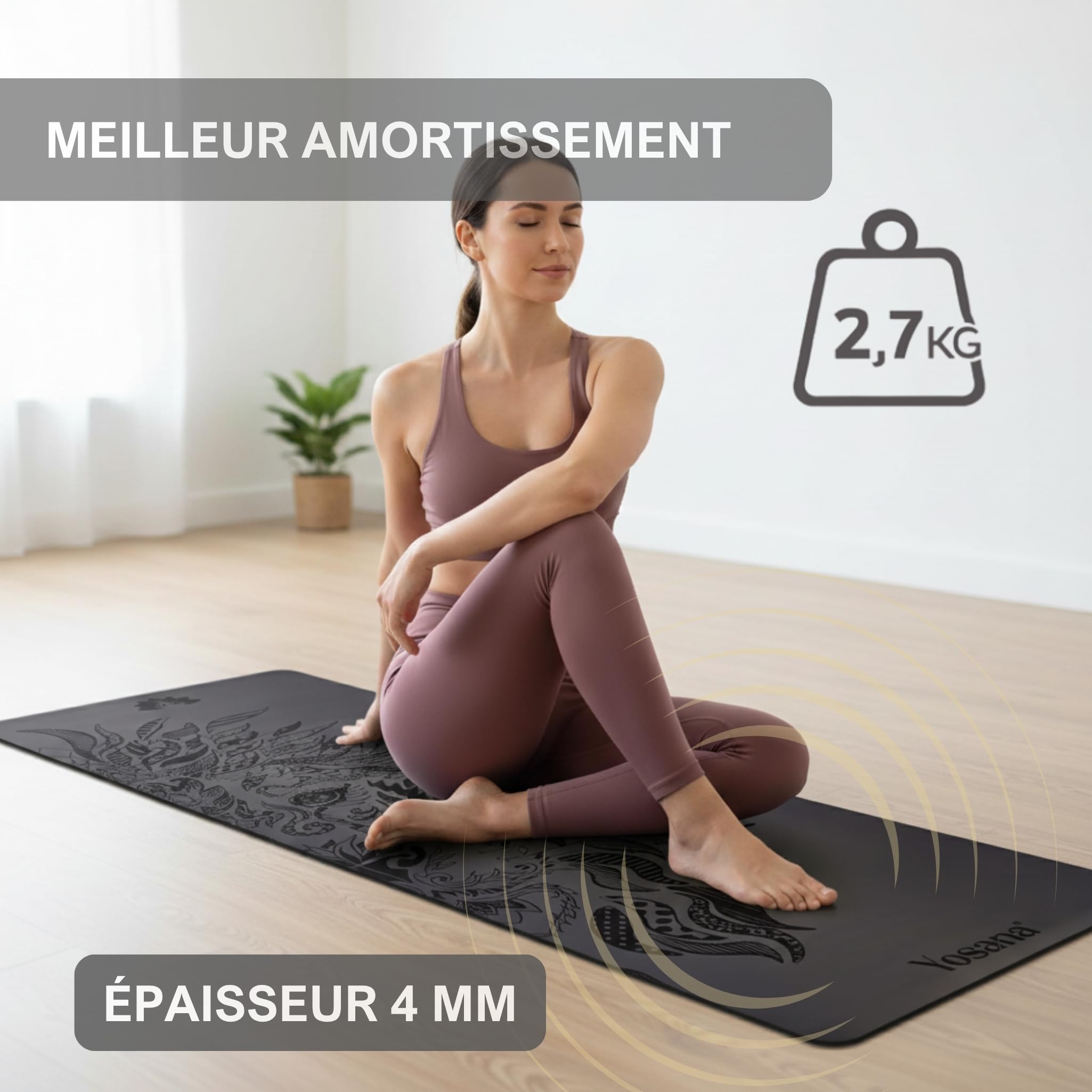 Yosana tapis de yoga en caoutchouc naturel | extrêmement antidérapant | surface ULTRA GRIP en ECO PU | extra large 68cm | tapis de yoga 183x68cm | 4mm d'épaisseur