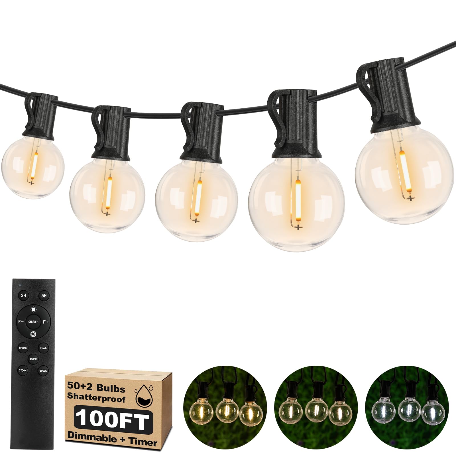 100FT Outdoor G40 LED Globe String Lights with 3 Color Lights, Dimmable Waterproof Patio Lights with 50+2 Shatterproof Bulbs, String Lights for Outside with Remote for Backyard House BBQ Party Camping