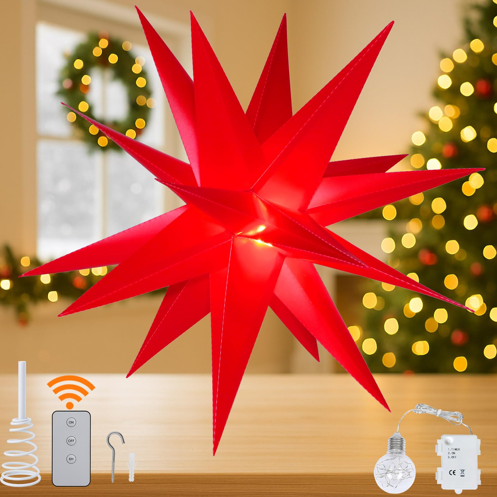 Estrella moravia 3D de 23 pulgadas, lámpara LED 3D para árbol de Navidad con función de temporizador, estrella iluminada de Moravia utilizada para decorar árboles de Navidad, balcones,